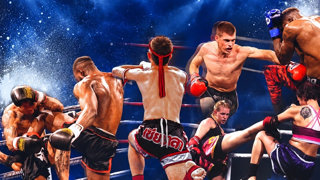 Plakatmotiv der Fight Night Mannheim 2026: Kämpferinnen und Kämpfer mit Kicks, Knien und Schlägen im Ring