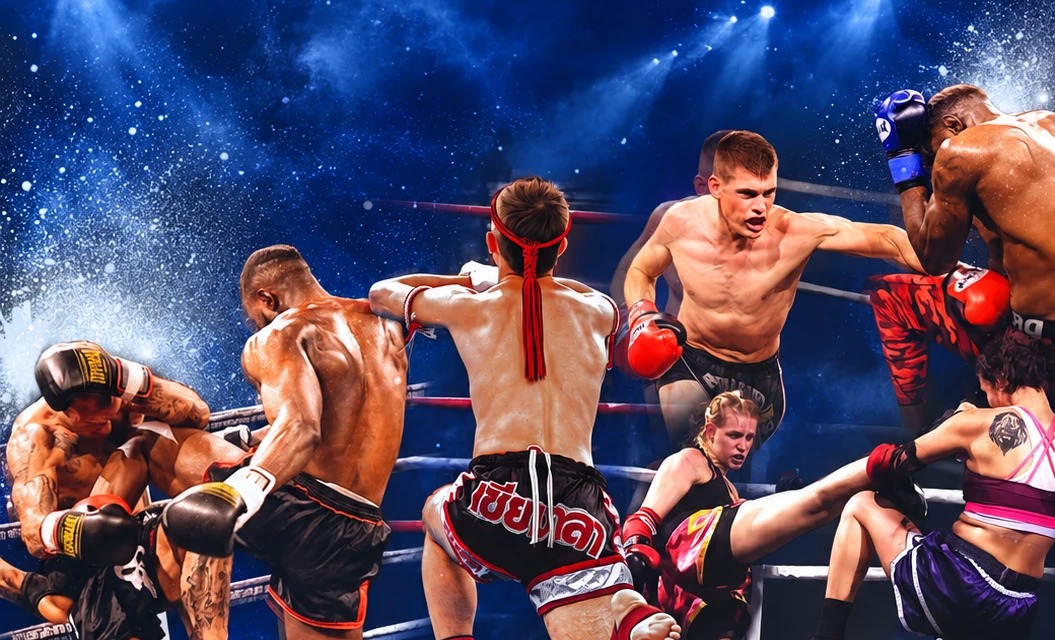 Plakatmotiv der Fight Night Mannheim 2026: Kämpferinnen und Kämpfer mit Kicks, Knien und Schlägen im Ring