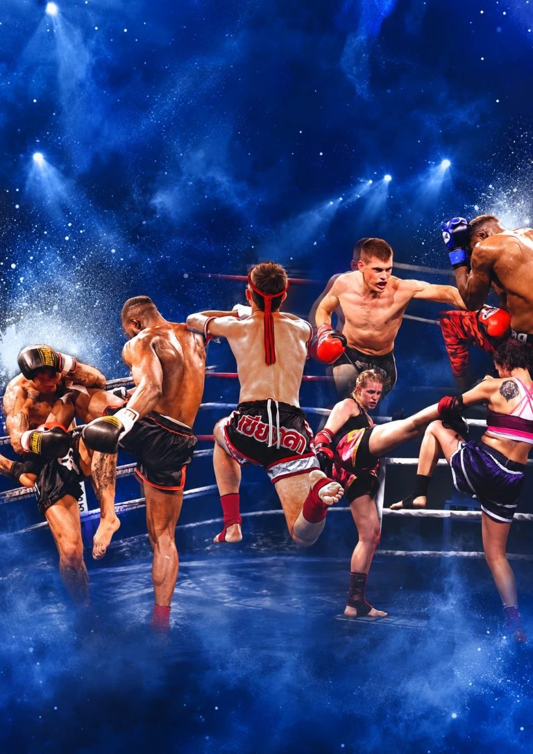 Plakat der Fight Night Mannheim 2026: Muay-Thai-Kämpferinnen und -Kämpfer im Ring vor blauem Sternenhimmel
